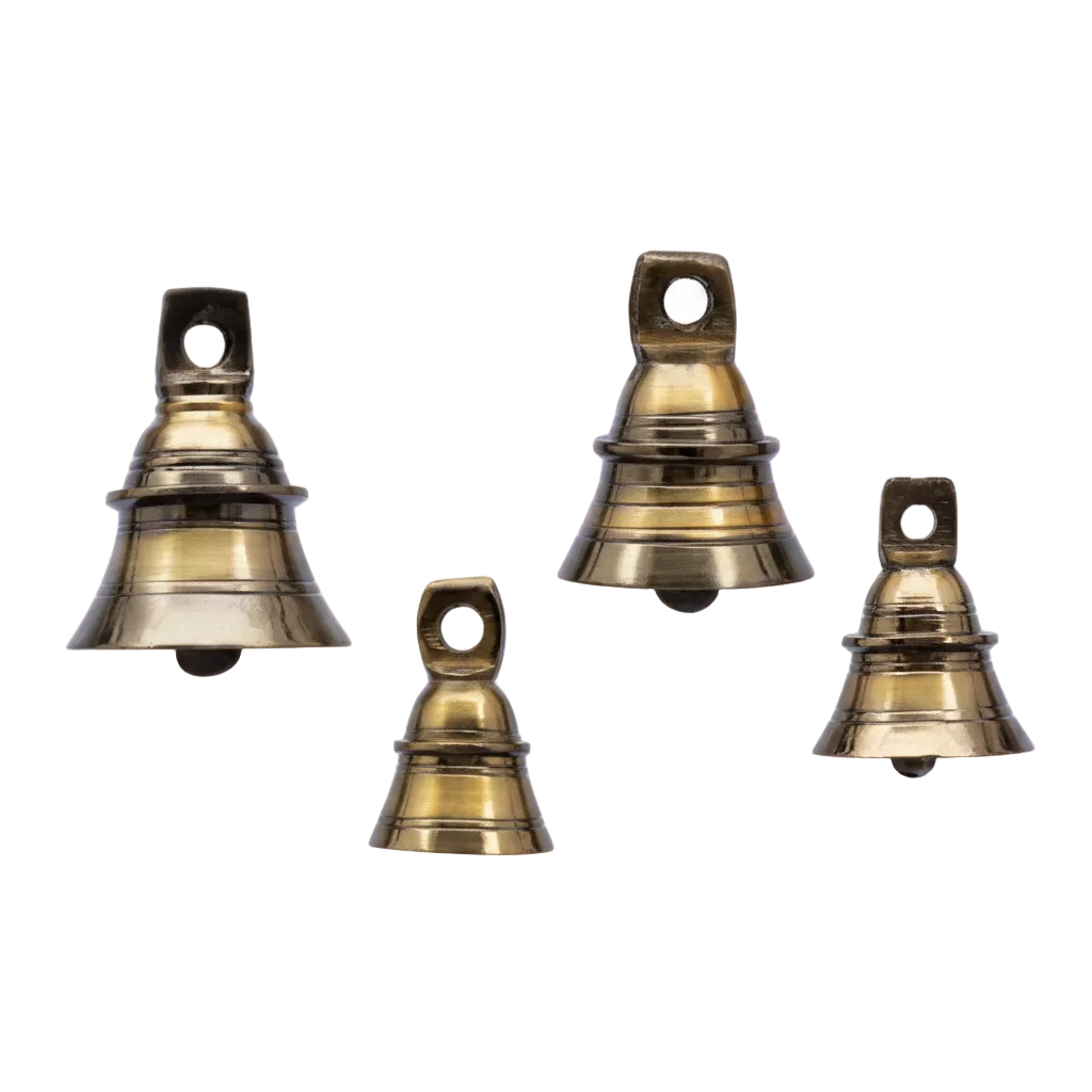 Collection of four Fab0207 antique brass hanging bells in assorted sizes featuring a classic tapered silhouette with horizontal grooved accents and integrated top hanging eyelets.