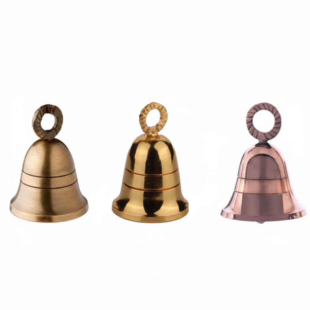 Trio of Fab0208_B metal hanging bells in vintage antique brass, gold and rose gold finishes featuring a smooth domed body and a decorative twisted rope-style mounting loop.