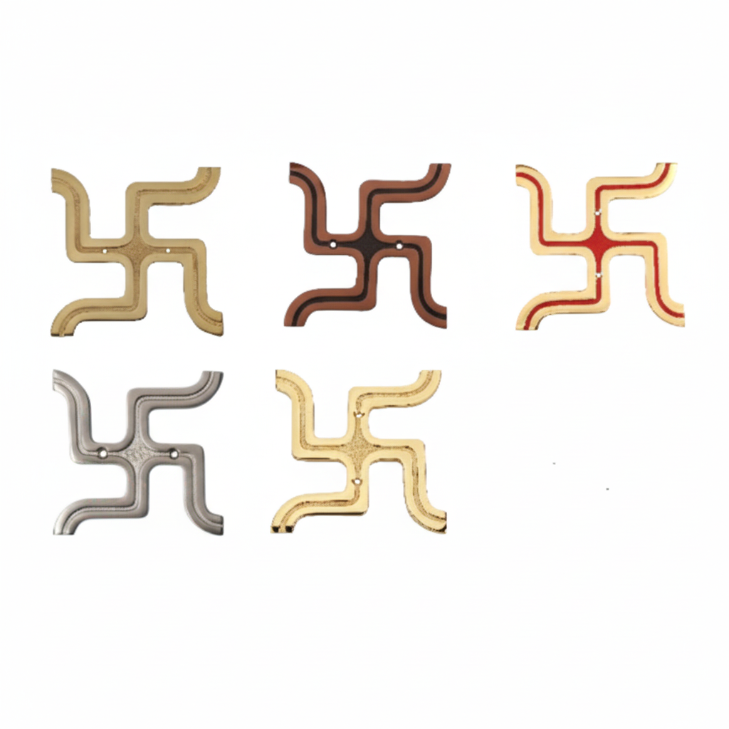 Collection of Fab0227 metal Swastik wall accents featuring a modern S-curve tip design with recessed borders, shown in antique brass, gold, satin and red mina finishes with dual central mounting holes.