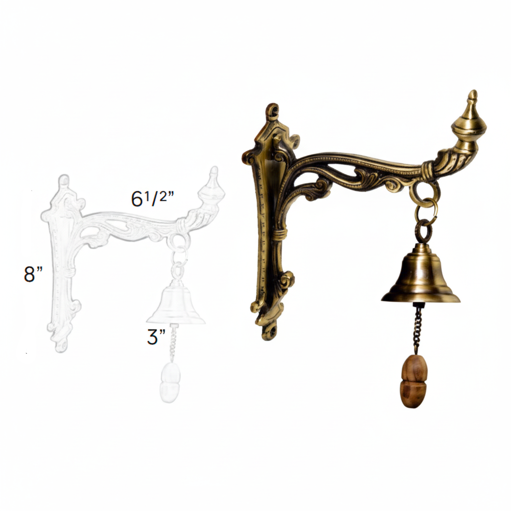 Fab2158 8-inch ornate wall-mounted door bell set in antique brass finish featuring a Victorian scrollwork bracket, 3-inch flared bell, and a decorative wooden pull handle on a metal chain.