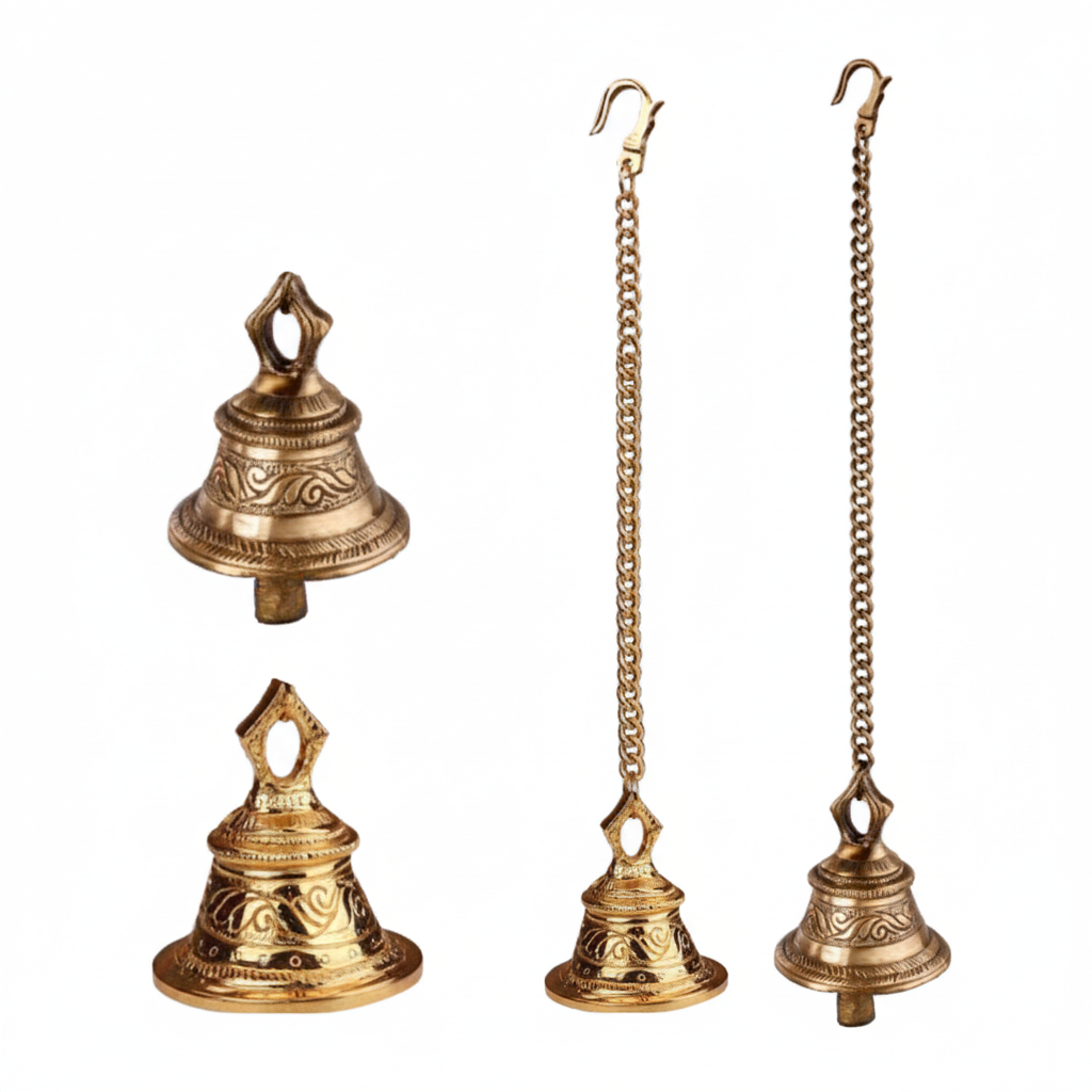 Fab2167 hanging metal bell in antique brass, gold finish featuring a decorative diamond-shaped top eyelet, intricate vine scrollwork engravings on the body, and a long matching link chain with a heavy-duty hook.