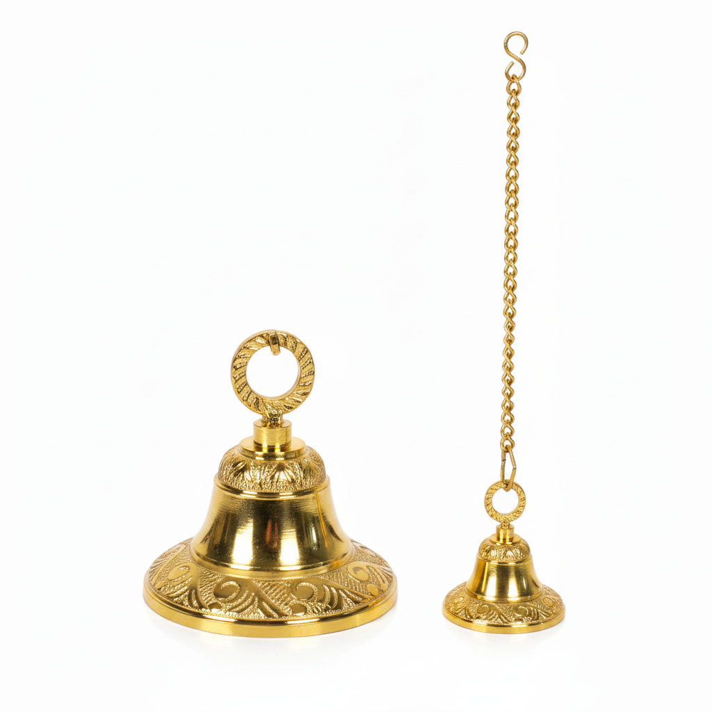 Fab2174 gold hanging bell set featuring a brilliant tarnish-proof finish, intricate Nakshi floral engravings on the rim, a decorative twisted rope-style mounting loop, and a matching gold-tone link chain with S-hook.