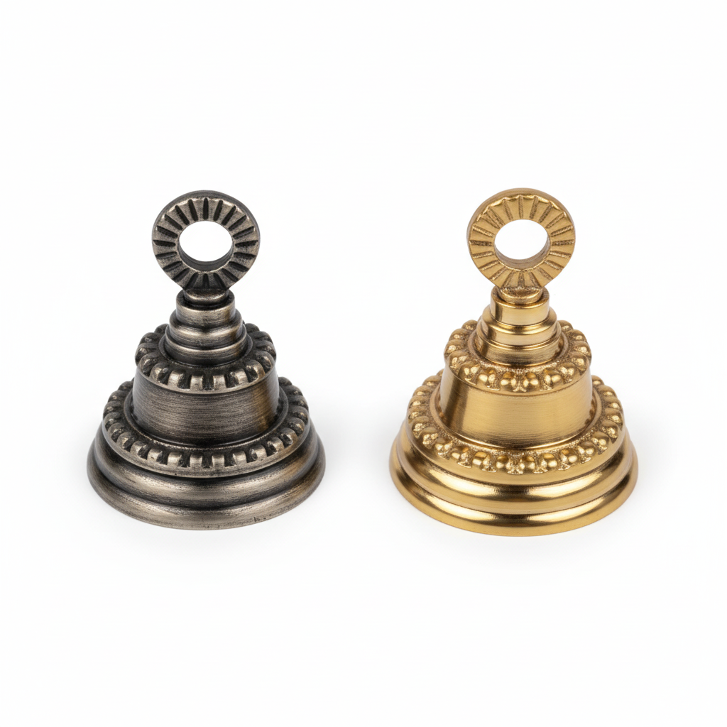 Pair of Fab2268 traditional hanging bells in antique brass and Gold finishes featuring a tiered architectural design with beaded rim detailing and integrated hanging loop.