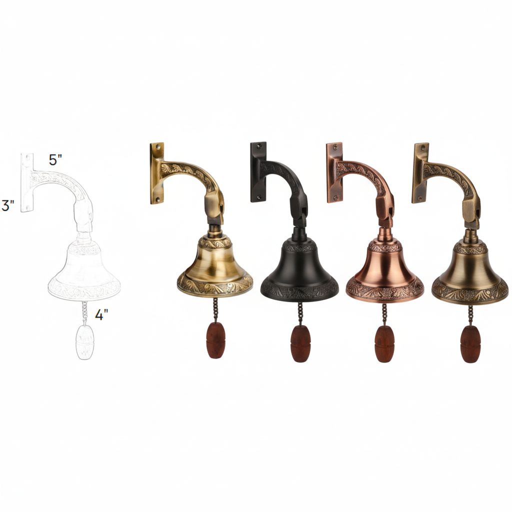Collection of Fab265 3x5 inch wall-mounted gate bells in antique brass, satin, glossy rose, rose gold,finishes featuring an engraved floral rim, articulated hanging arm, and a wooden pull handle on a metal chain.