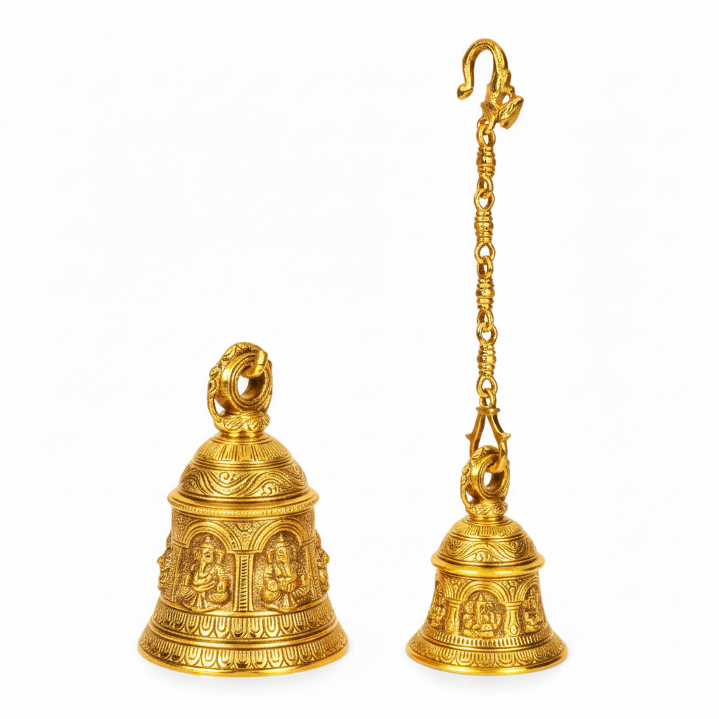 Fab268 gold hanging bell set featuring a brilliant tarnish-proof finish, embossed Lord Ganesha figures in arched alcoves, an ornate multi-link carved chain, and a decorative bird-motif mounting hook.