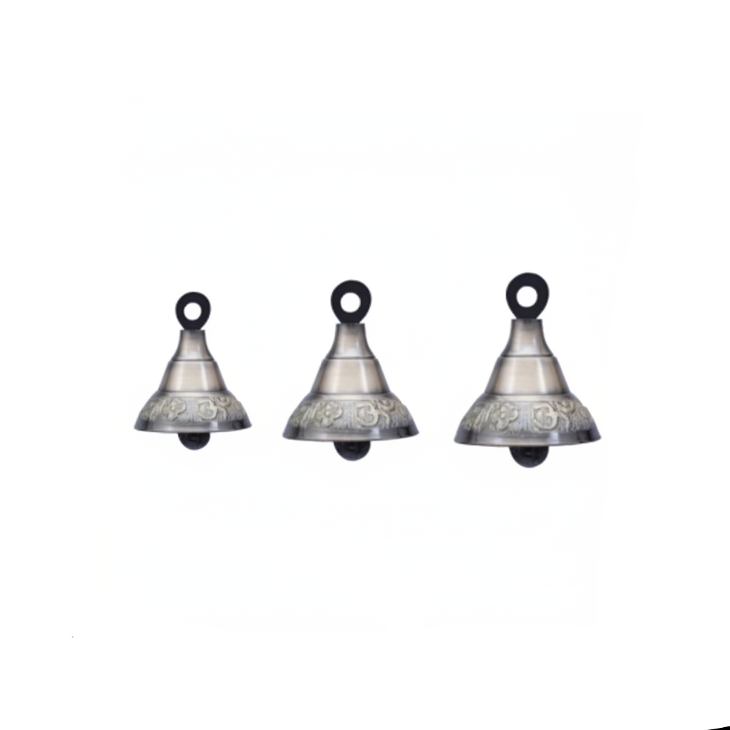 Set of three Fab2278 hanging bells in a antique brass featuring an embossed Om symbol and floral border design with integrated top hanging loops.