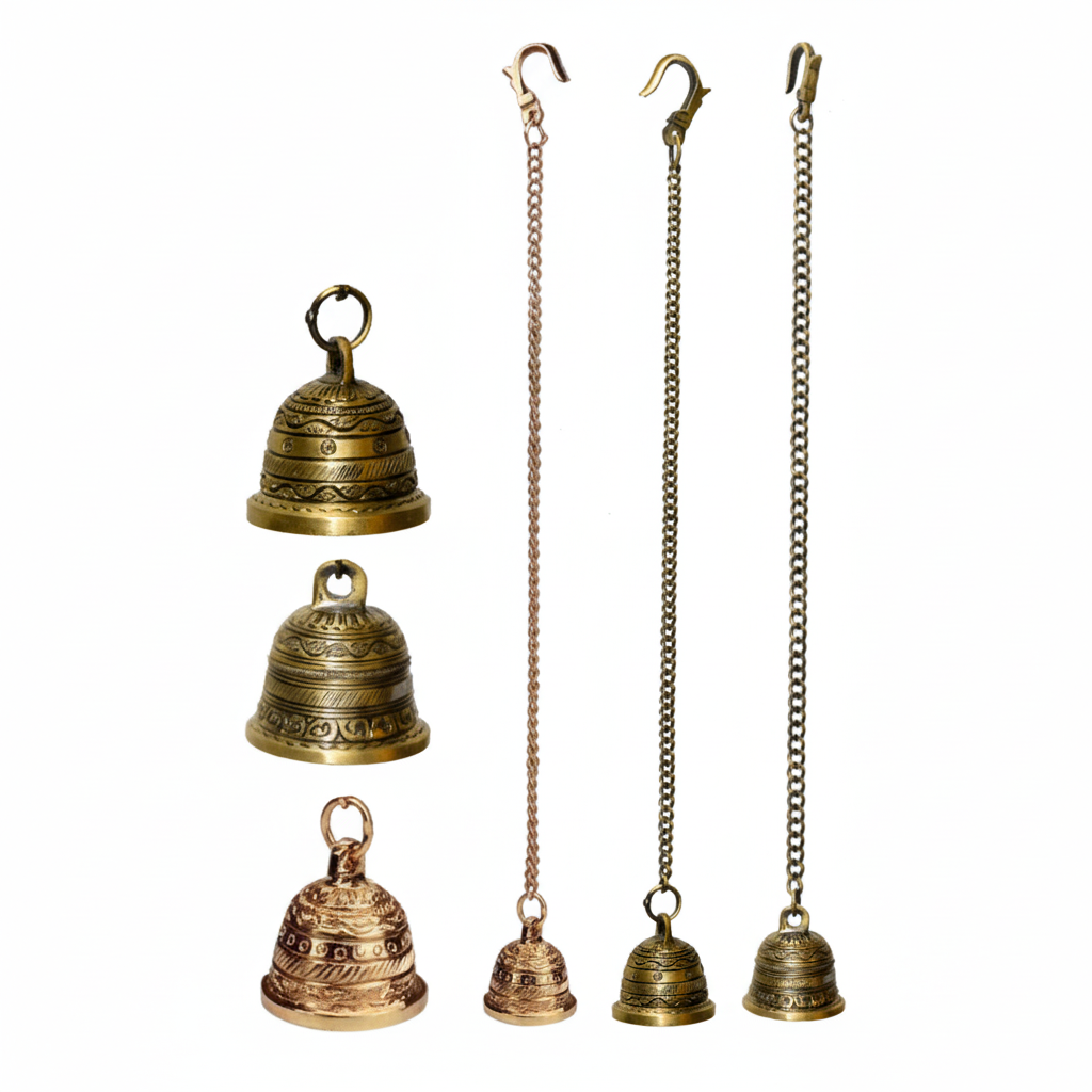 Collection of Fab288 metal hanging bells in antique brass gold finishes featuring traditional Nakshi band engravings, integrated top loops, and long metal link chains with hooks.