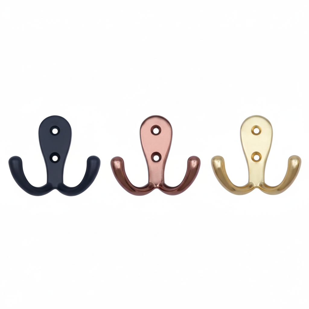 Trio of Fab7205 double khuti wall hooks in Black, Rose Gold and Gold finishes with dual-screw mounting for maximum home organization.