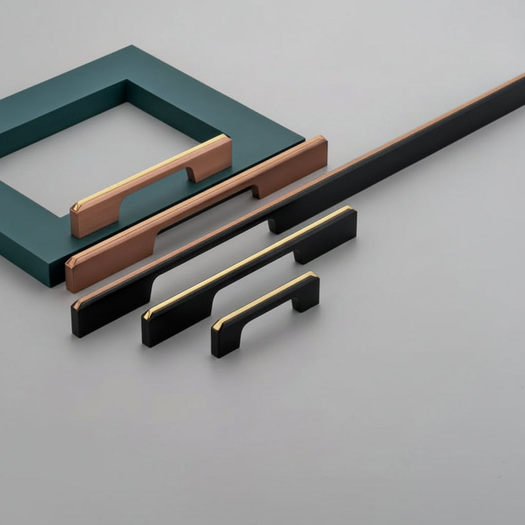 A luxury collection of Creatick AL-81 modern cabinet handles featuring a sleek rectangular profile with an elegant beveled gold top-edge inlay. These premium aluminum pulls are shown in multiple lengths and base finishes including matte black and brushed bronze—an ideal architectural hardware choice for high-end kitchen cabinetry and contemporary furniture.