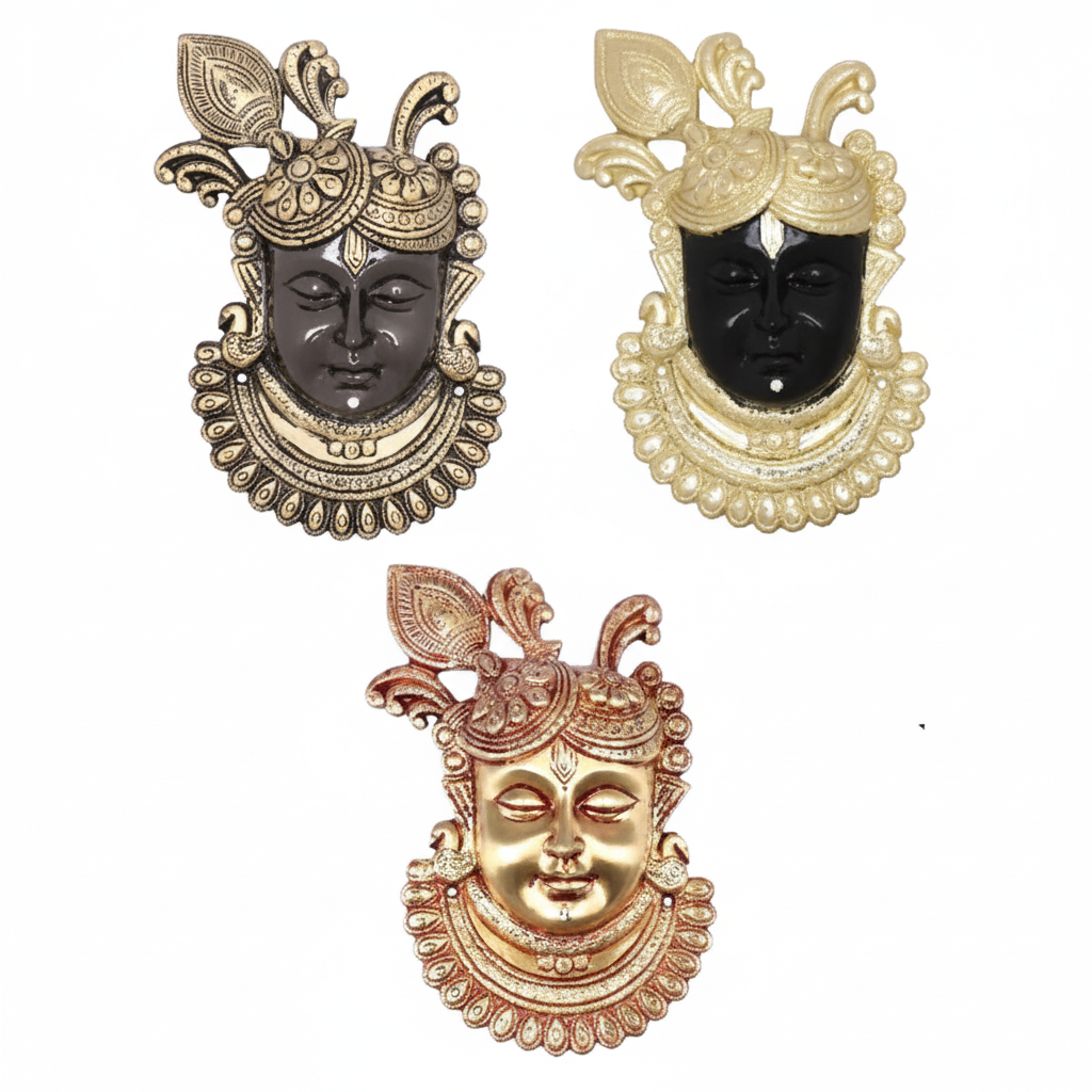 Decorative of Lord Krishna (Kanha) face wall hangings featuring traditional peacock feather crowns and ornate jewelry. The set includes three distinct color variations: an antique bronze finish, a high-contrast black and gold finish, and a radiant polished gold finish for home temple or living room decoration.