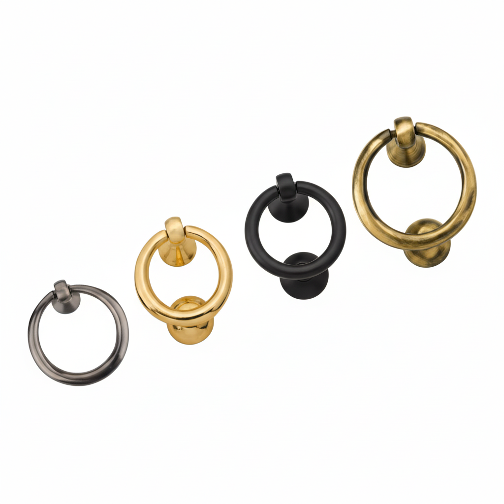 A four minimalist round ring door knockers displayed in different metallic finishes: satin, gold, black and antique brass. Each knocker features a sleek circular pull ring and a matching round striker plate for a clean, modern entrance aesthetic.