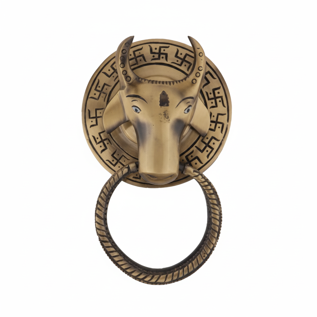 A traditional antique brass door knocker featuring a detailed cow head (Nandi) with a textured ring pull, mounted on a circular backplate engraved with sacred Swastika symbols and geometric patterns for an auspicious home entryway.