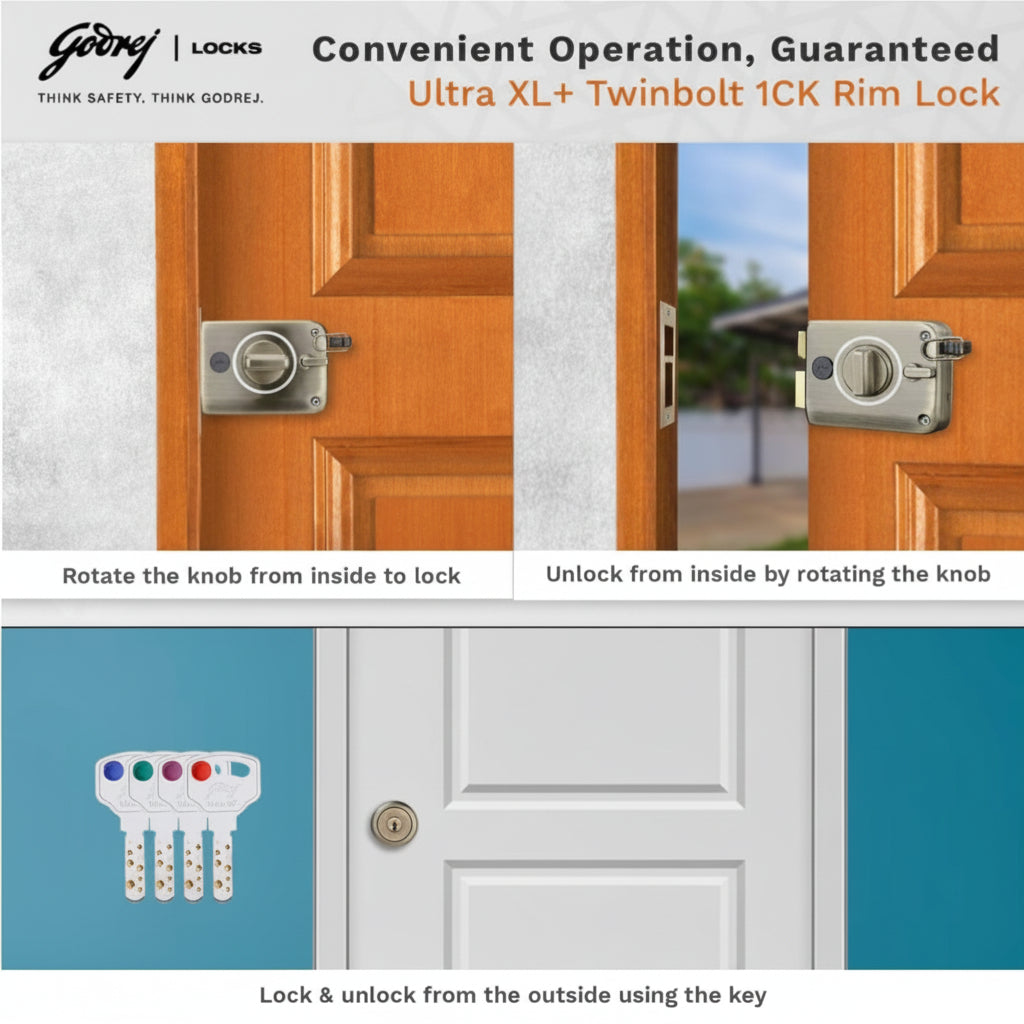Godrej Twinbolt Ultra XL+ | Antique Brass | Auto-Lock Rim Lock
