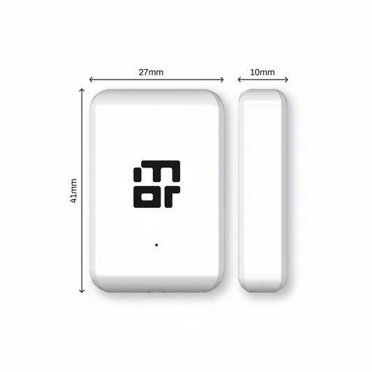 Mygate Door Sensor in white showing compact design with dimensions 41 mm height, 27 mm width, and 10 mm thickness, used for smart door monitoring.