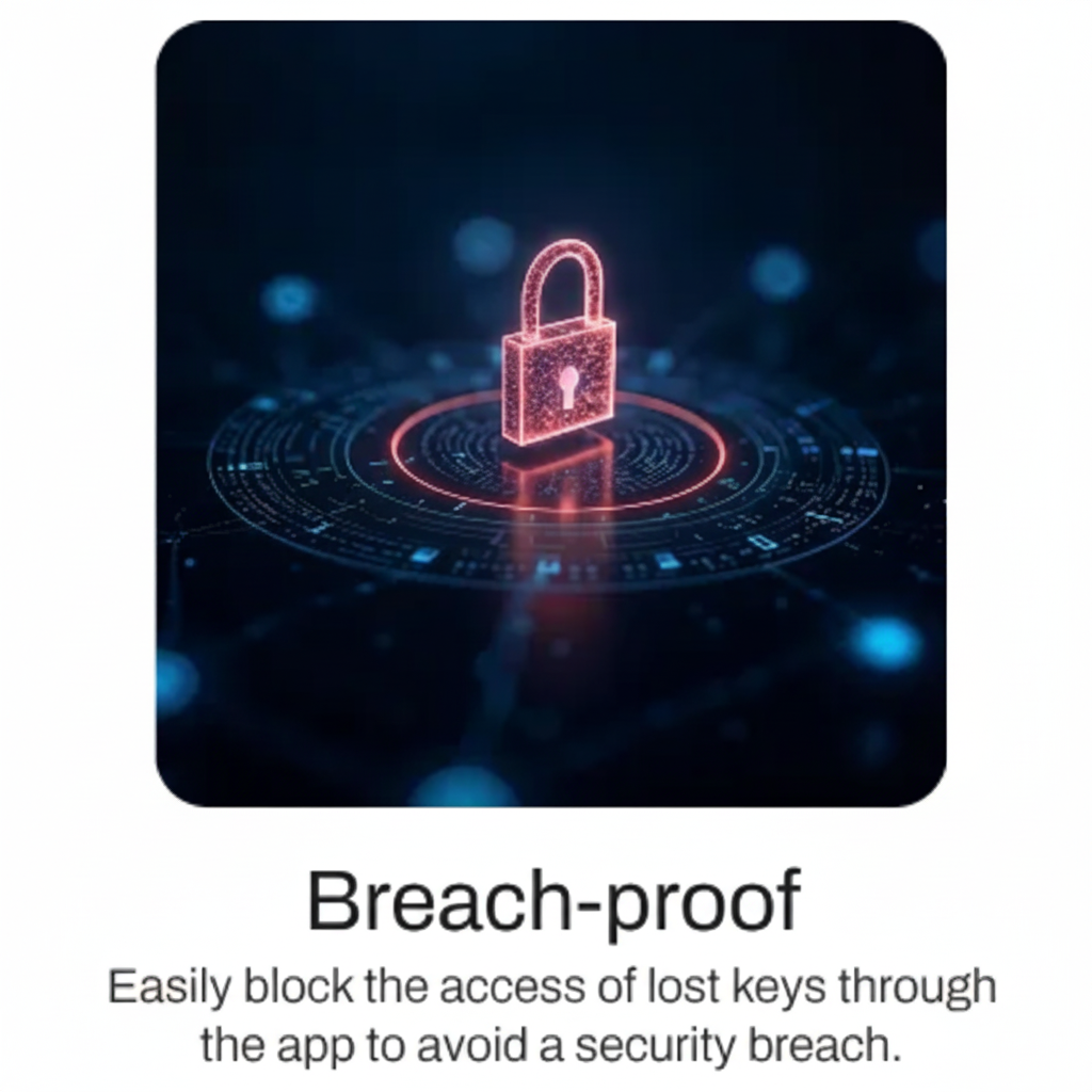 Digital security lock icon representing breach-proof protection for smart door locks and remote access control.