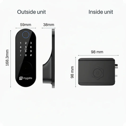Black digital smart door lock with keypad, front and side view, product dimensions shown