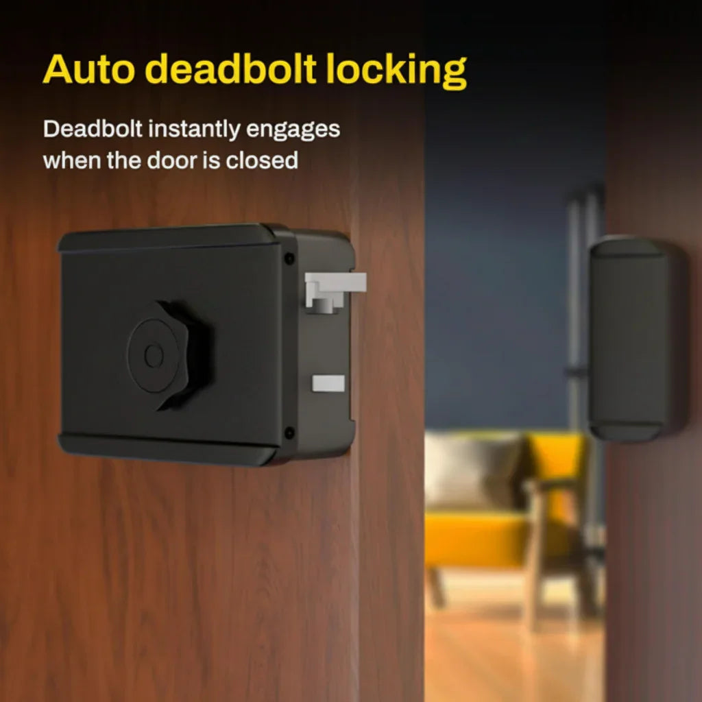 Black auto deadbolt lock installed on wooden door, secure locking mechanism visible