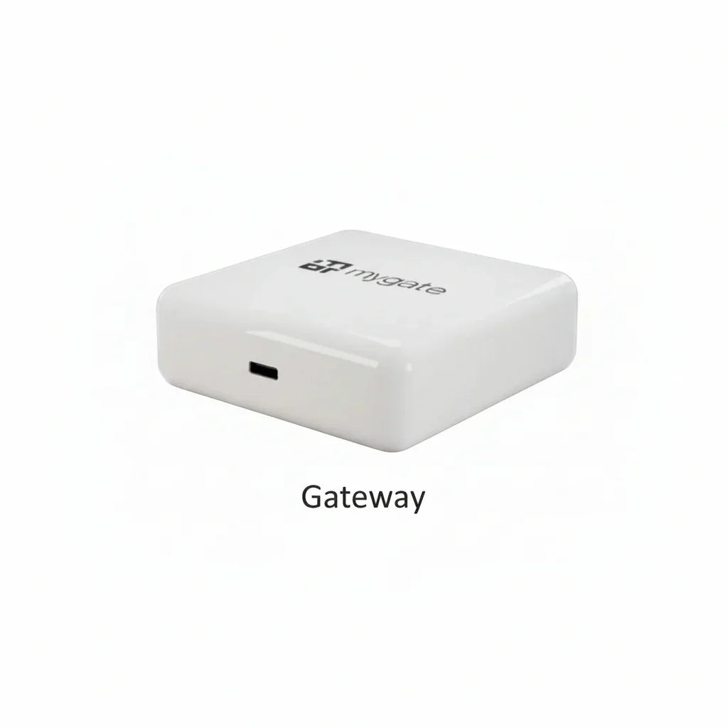 White smart lock gateway device with USB port on white background