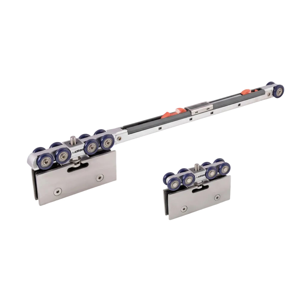 A professional heavy-duty sliding glass door fitting kit designed to support doors up to 80kg. The system features high-grade stainless steel glass clamps, premium multi-wheel nylon rollers for silent gliding, and an integrated soft-close mechanism track—ideal for frameless glass partitions, office doors, and modern interior sliding systems.