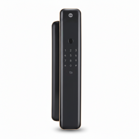 Yale Luna Pro smart digital door lock in black and antique copper finish with touchscreen keypad, fingerprint sensor, and RFID access for secure home or office entry.
