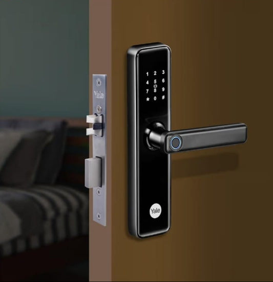 Yale YDME 50 NxT, Smart Door Lock with Biometric, Pincode, RFID Card & Mechanical Keys, Color- Black, for Home & Office