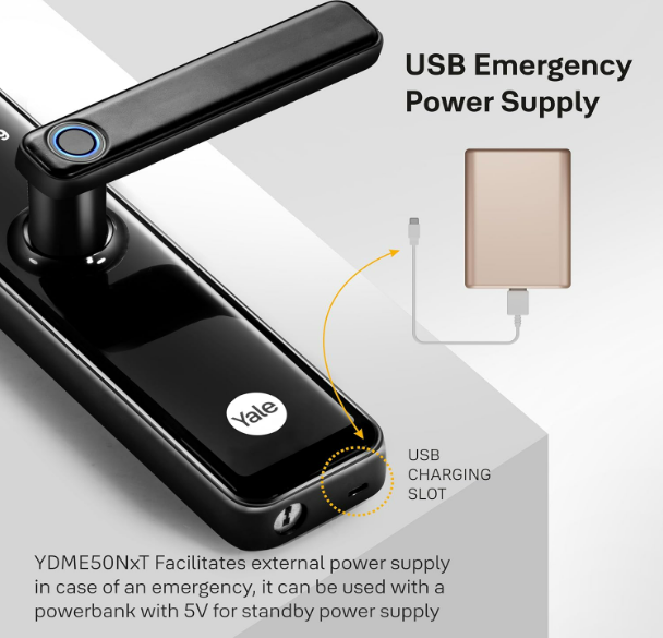 Yale YDME 50 NxT, Smart Door Lock with Biometric, Pincode, RFID Card & Mechanical Keys, Color- Black, for Home & Office
