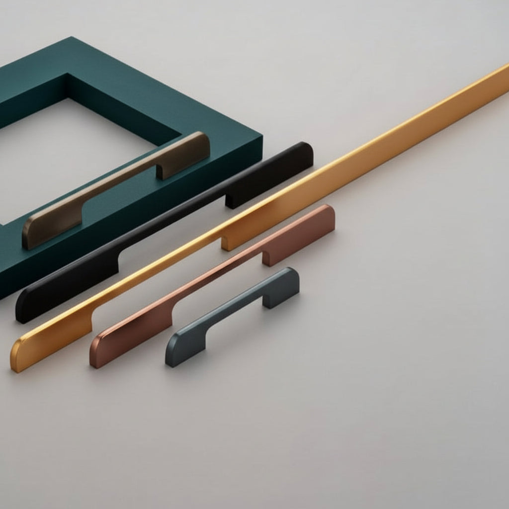 A luxury collection of Creatick AL-3 minimalist cabinet handles featuring a sleek, ultra-slim profile and curved ergonomic grip. These modern edge-pull handles are shown in multiple lengths and premium finishes including matte black, satin gold, rose gold, slate grey, and antique brass—perfect for contemporary kitchen cabinetry, designer wardrobes, and high-end furniture.