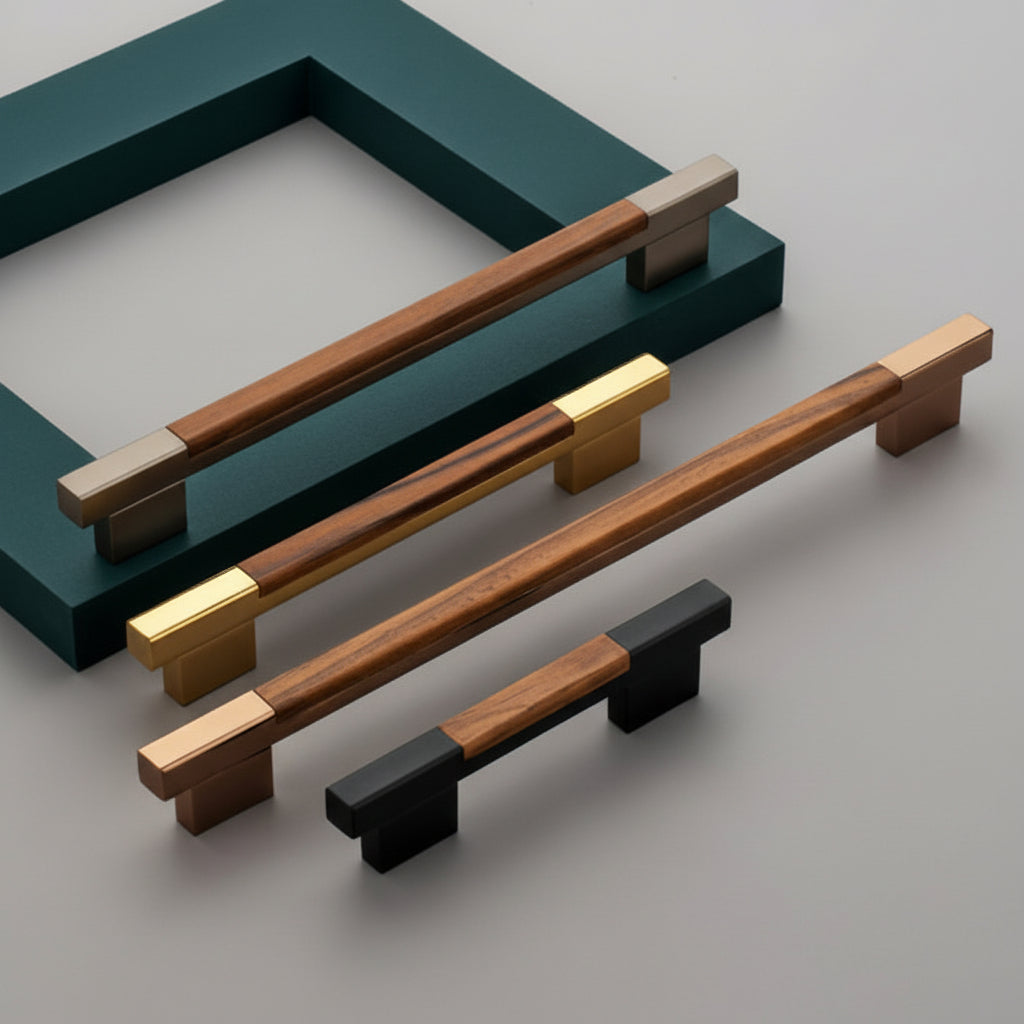 A luxury collection of Creatick AL-323 modern cabinet handles featuring a minimalist slim edge-pull design and a sleek arc profile. These premium designer pulls are shown in various lengths and designer finishes including matte black, satin gold, rose gold, and champagne gold—perfect for high-end kitchen cabinetry and contemporary furniture.