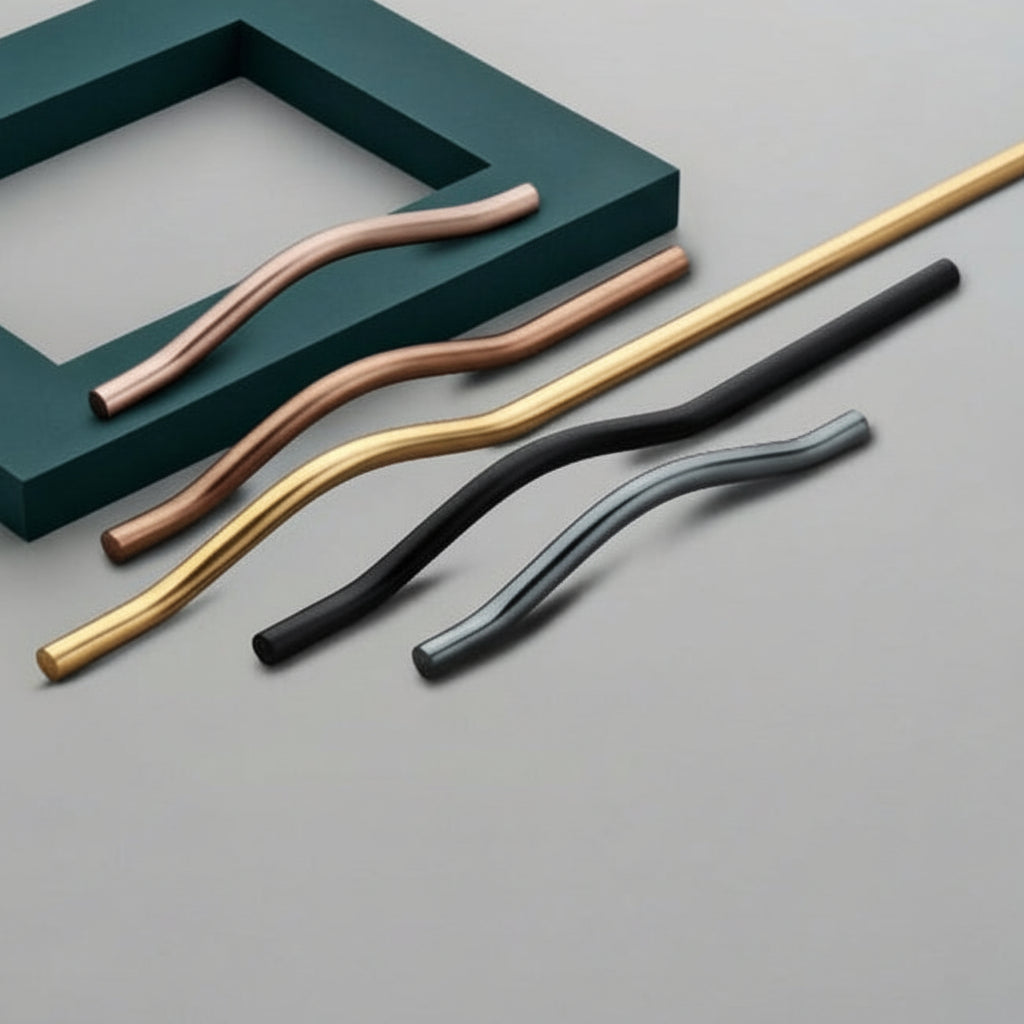 A premium collection of Creatick AL-68 modern cabinet handles featuring a unique, slim curved wave or "S" shaped profile. These minimalist sculptural pulls are shown in various lengths and designer finishes including rose gold, champagne gold, matte black, and gunmetal grey—an artistic hardware choice for contemporary kitchen cabinetry and bespoke furniture.