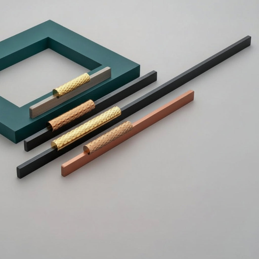 A luxury collection of Creatick AL-73 modern cabinet handles featuring a minimalist square profile with a sophisticated knurled or honeycomb textured center grip. These premium designer pulls are shown in multiple lengths and dual-tone finishes including matte black with gold, antique silver, and rose gold—an ideal choice for high-end kitchen cabinetry and contemporary furniture design.