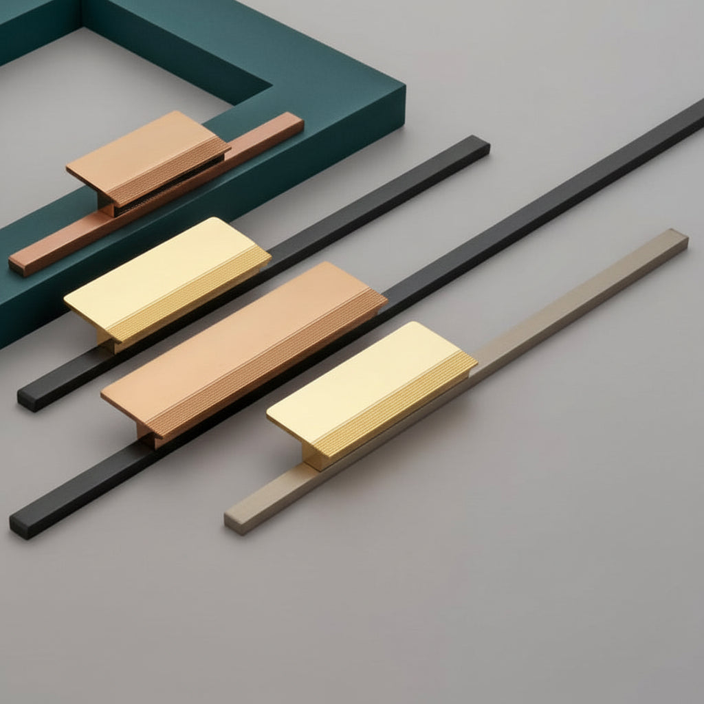 A luxury collection of Creatick AL-74 modern cabinet handles featuring a minimalist T-bar edge-pull design with a subtle diamond-knurled texture on the grip. These premium aluminum pulls are shown in various lengths and designer finishes including satin gold, rose gold, matte black, and antique silver—an elegant hardware solution for contemporary kitchen cabinetry and bespoke furniture.