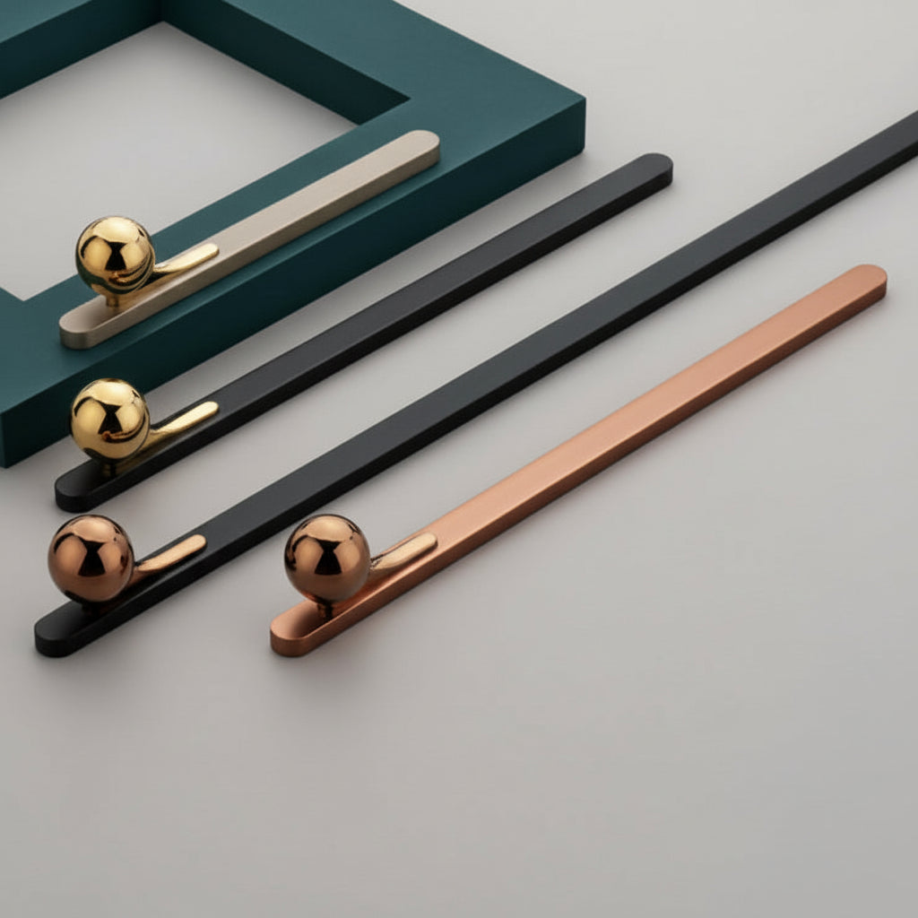 A luxury collection of Creatick AL-76 modern cabinet handles featuring a unique minimalist flat bar design accented by a polished spherical globe knob. These artistic designer pulls are shown in various finishes including matte black with gold, satin silver, and brushed rose gold—perfect for high-end kitchen cabinetry, bespoke wardrobes, and contemporary furniture hardware.