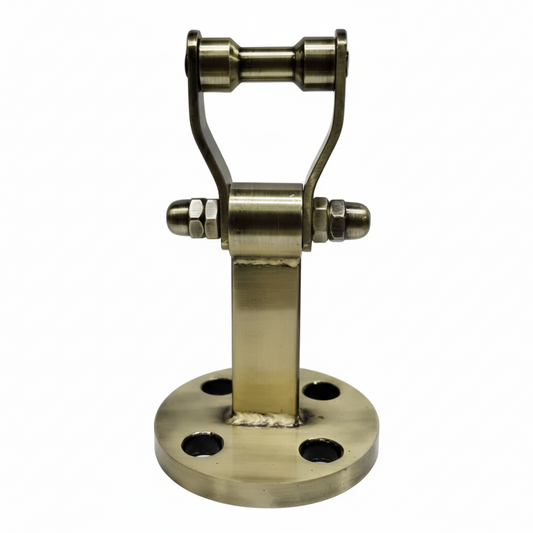Heavy-duty antique brass finish SS-304 stainless steel circle kada with a 4-hole round mounting plate and reinforced pivot bracket for traditional indoor jhula suspension.