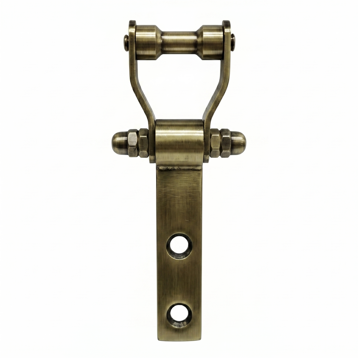 A DLP103 Deluxe Bearing Kada ceiling hook in a antique brass finish. This heavy-duty hardware features a specialized dual-roller bearing mechanism for smooth, silent rotation, a sturdy flat mounting plate with dual pre-drilled holes, and a reinforced triple-nut safety bolt—perfect for luxury ceiling fans, indoor swings, and decorative chandeliers.