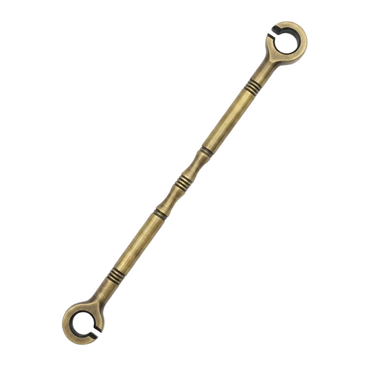 antique brass SS-304 stainless steel jhula chain link with a minimalist Damru design, subtle ribbed detailing, and open-ring connectors for heavy-duty ceiling swings.