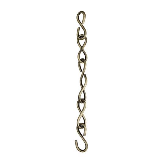 antique brass finish jhula chain with a twisted infinity link design and dual S-hook connectors for traditional Oonjal and indoor swings.