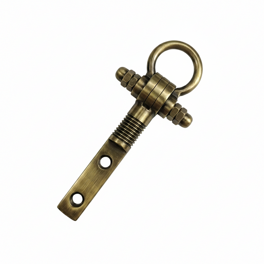 Antique brass finish bolt kada jhula hook featuring a vertical mounting plate and heavy-duty adjustable nuts for indoor ceiling swings.