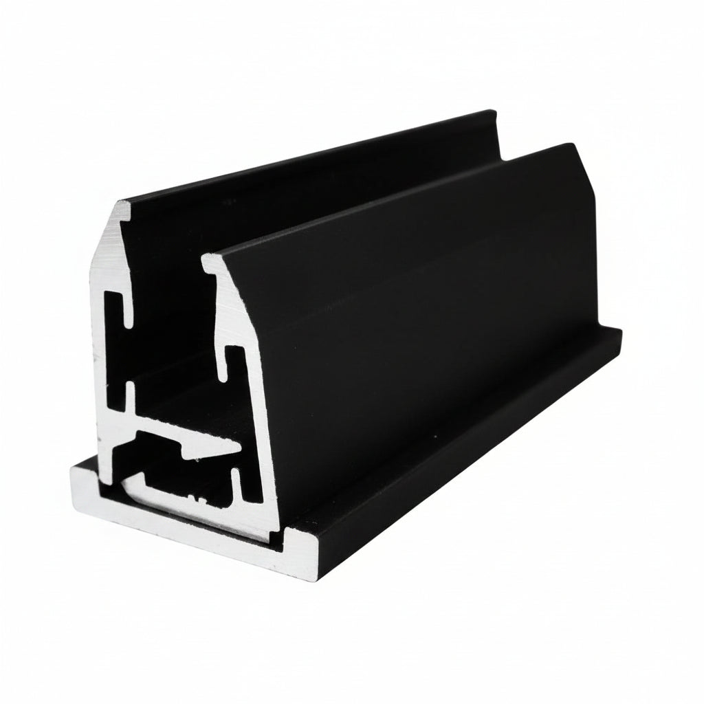 A cross-section of a black powder-coated aluminum glazing U-channel profile. This architectural-grade profile features an interlocking internal design for secure glass placement, specifically engineered for frameless glass office partitions, shopfronts, and modern interior glass wall systems. The durable finish and structural ribbing provide both aesthetic appeal and stability for heavy-duty glazing applications.