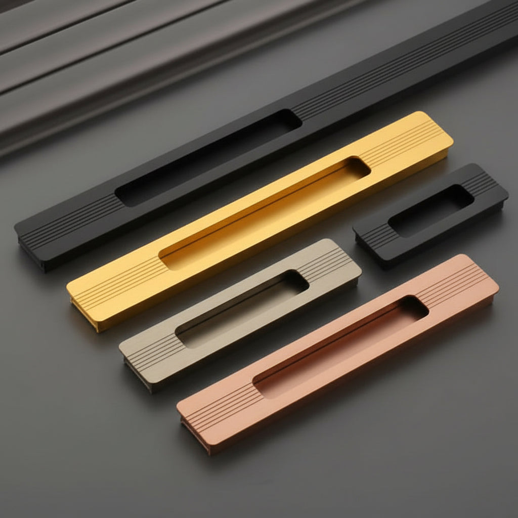 A premium collection of Creatick modern concealed cabinet handles featuring a sleek recessed grip and subtle linear etched details. These minimalist built-in furniture pulls are shown in matte black, polished gold, satin champagne, and rose gold finishes, available in various lengths—ideal for luxury kitchen cabinets, sliding doors, and contemporary wardrobe hardware.