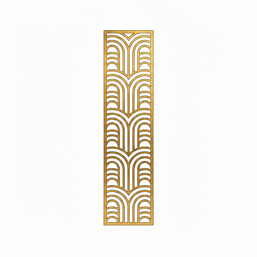 A vertical rectangular decorative metal screen featuring a sophisticated laser-cut art deco geometric arch pattern. The panel is finished in a premium pvd gold, ideal for use as a luxury room divider, ornamental wall insert, or decorative privacy screen in high-end residential and commercial interiors.