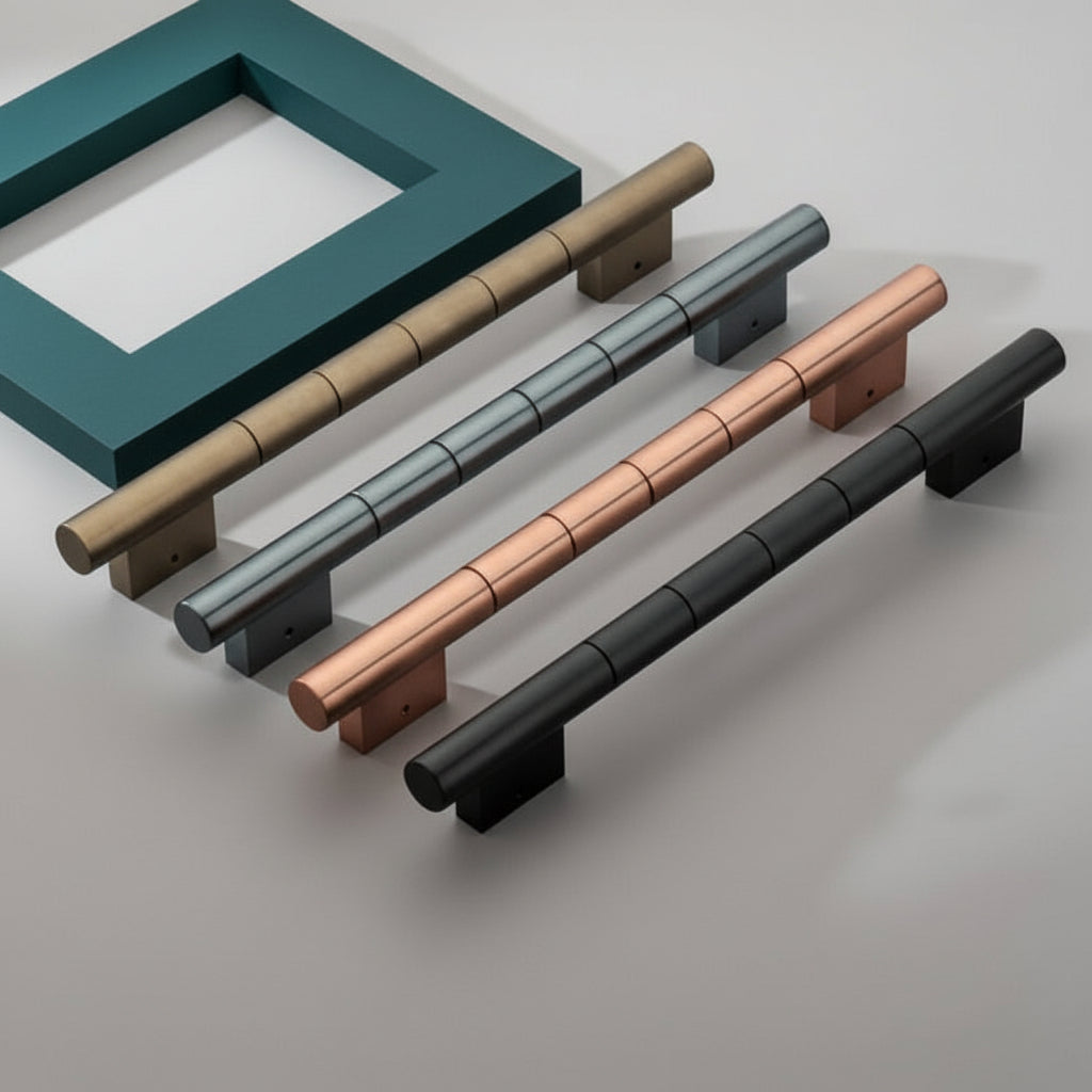 A collection of Creatick DH-15 modern cylindrical door pull handles featuring a segmented barrel design. These premium long-form handles are shown in antique brass, satin grey, rose gold, and matte black finishes, displayed on a minimalist grey surface with a teal accent frame—ideal for luxury main doors and contemporary interior hardware.