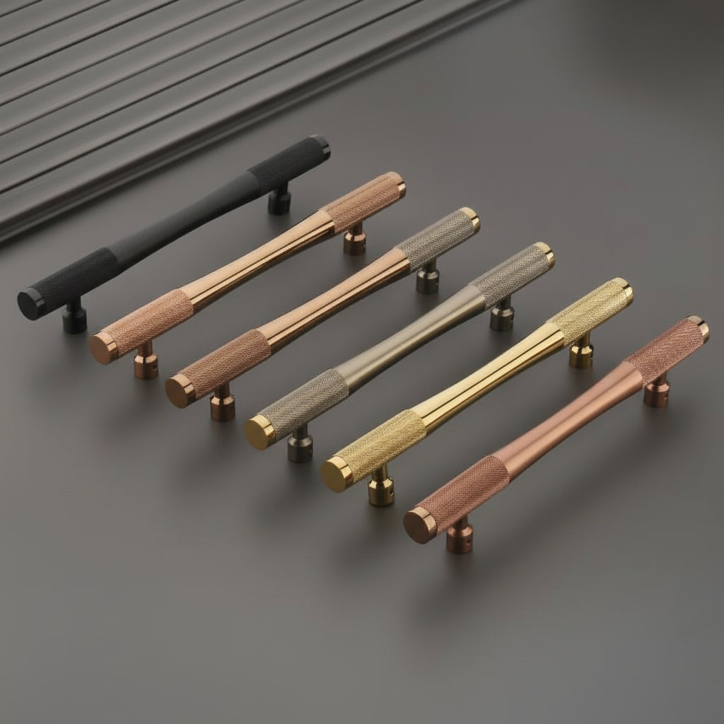 A premium collection of Creatick DH-19 modern tapered door pull handles featuring sophisticated knurled grip ends. These luxury hardware pulls are shown in matte black, polished rose gold, champagne, satin silver, and gold finishes, designed for high-end main entry doors and contemporary furniture installations.