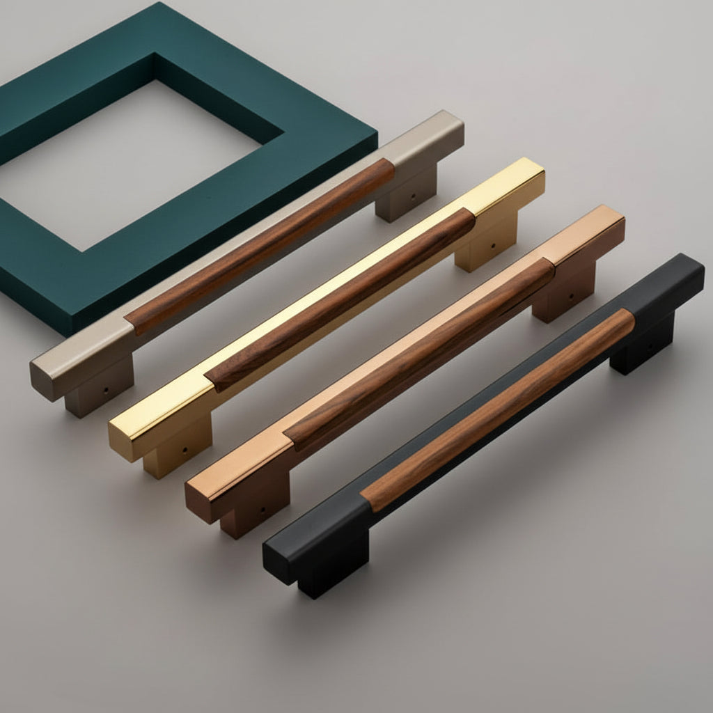 A luxury collection of Creatick DH-21 modern door pull handles featuring a sophisticated wood grain inlay set into a square metal profile. These premium handles are shown in satin champagne, polished gold, rose gold, and matte black finishes, providing an elegant hardware solution for contemporary main entry doors and high-end cabinetry.