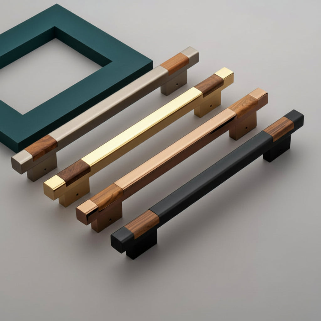 A luxury collection of Creatick DH-22 modern door pull handles featuring a square metal profile with sophisticated wood grain accents on the ends. These premium pulls are shown in satin champagne, polished gold, rose gold, and matte black finishes, offering an elegant hardware solution for contemporary main entry doors and high-end cabinetry.