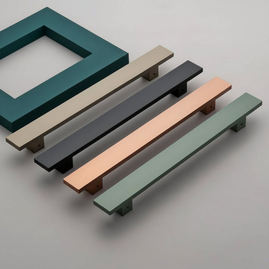 A collection of Creatick DH-26 minimalist door pull handles featuring a sleek, ultra-flat rectangular profile. These modern architectural handles are shown in champagne gold, matte black, rose gold, and sage green finishes, displayed against a minimalist grey and teal background—perfect for contemporary main entry doors and designer furniture.