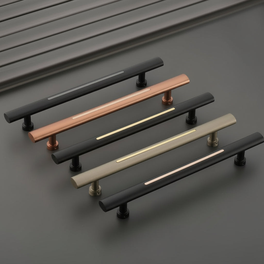 A premium collection of Creatick DH-39 modern door pull handles featuring a sleek cylindrical profile with a sophisticated thin linear inlay. These luxury hardware handles are shown in various dual-tone finishes including matte black with gold and rose gold accents, brushed copper, and satin champagne, providing a minimalist architectural statement for high-end main entry doors.