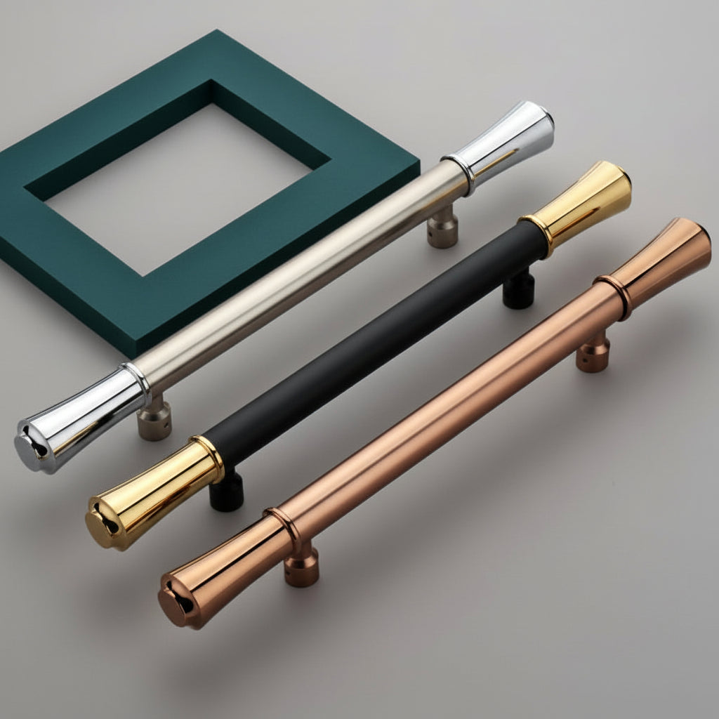 A collection of Creatick DH-66 modern door pull handles featuring a sleek cylindrical body and elegant trumpet-shaped ends. These luxury hardware handles are shown in dual-tone finishes including satin silver with chrome ends, matte black with polished gold ends, and full rose gold, ideal for high-end main entry doors and contemporary architectural interiors.