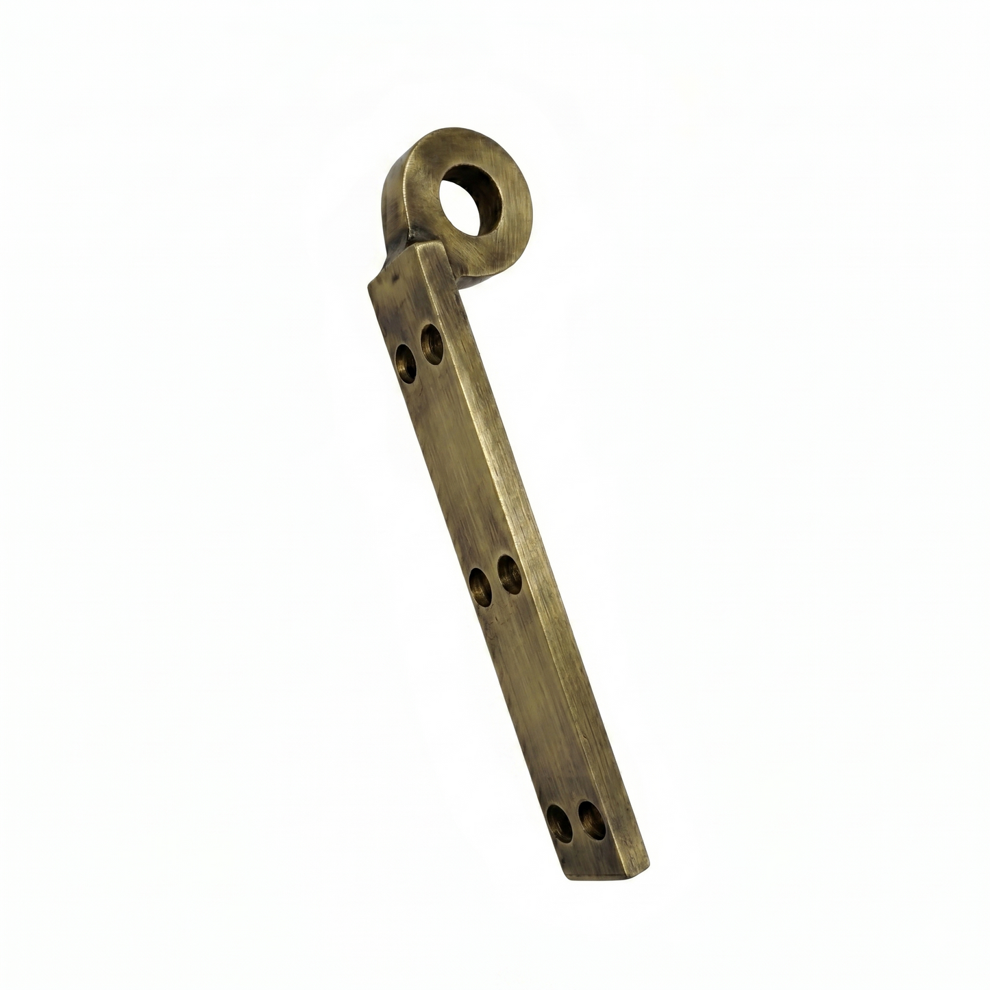 A premium DLP165 "Batak Kada" mounting bracket featuring a vintage antique brass finish. This heavy-duty L-shaped structural hardware is designed for the secure installation of wooden Jhula seats, featuring a reinforced circular eyelet and six precision countersunk holes for a flush fit. Ideal for luxury indoor swings and traditional Indian furniture, providing a blend of classic aesthetic and high load-bearing structural safety.