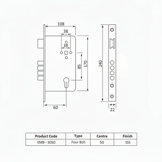 Technical dimensional diagram for Enox EMB 3050 four-bolt mortise lock body in Satin Stainless Steel (SSS) finish, showing an 85mm center-to-center distance, 50mm backset, and 240mm faceplate height.