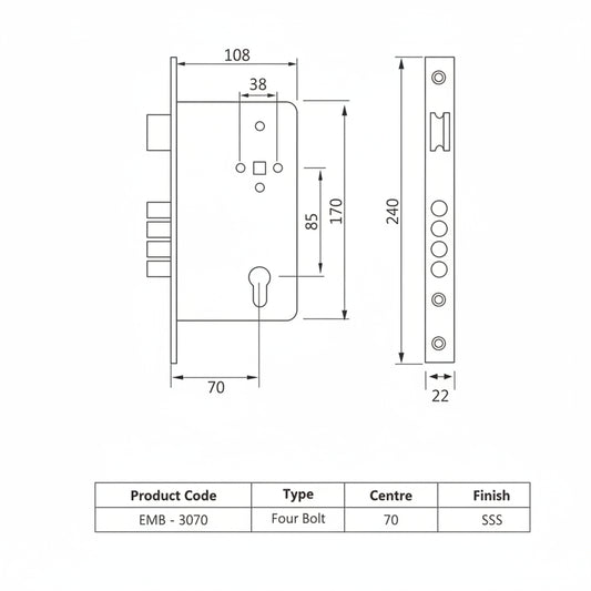 Technical dimensional diagram for Enox EMB 3070 SS multi-bolt mortise lock body showing an 85mm center-to-center distance, 70mm backset, 240mm faceplate height, and four-bullet deadbolt configuration for main doors.